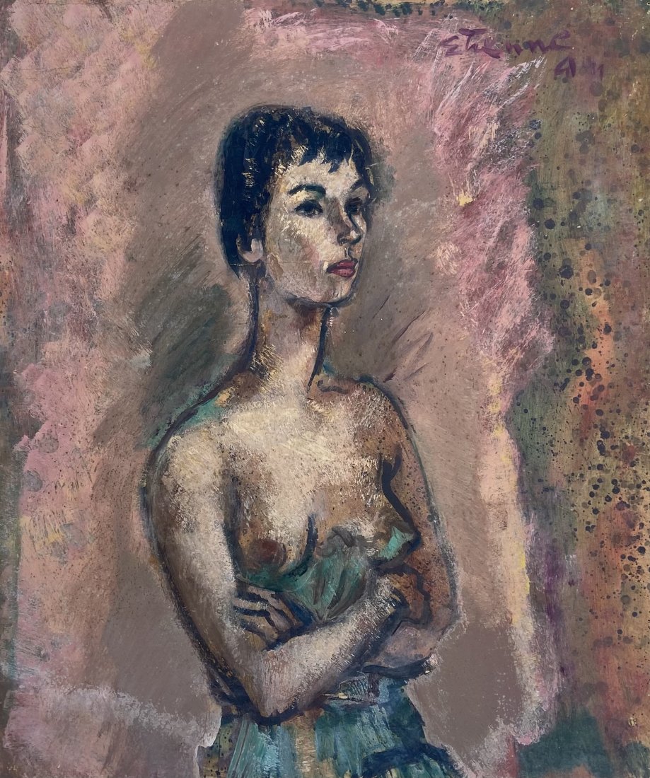ROGER ETIENNE (1923-2011, French) Nude Portrait: Oil on board 35 x 29 in. Roger Etienne was born in Paris in 1923 and as far as I know is still living in Southern California. He is a well listed and popular French impressionist who worked in a varie