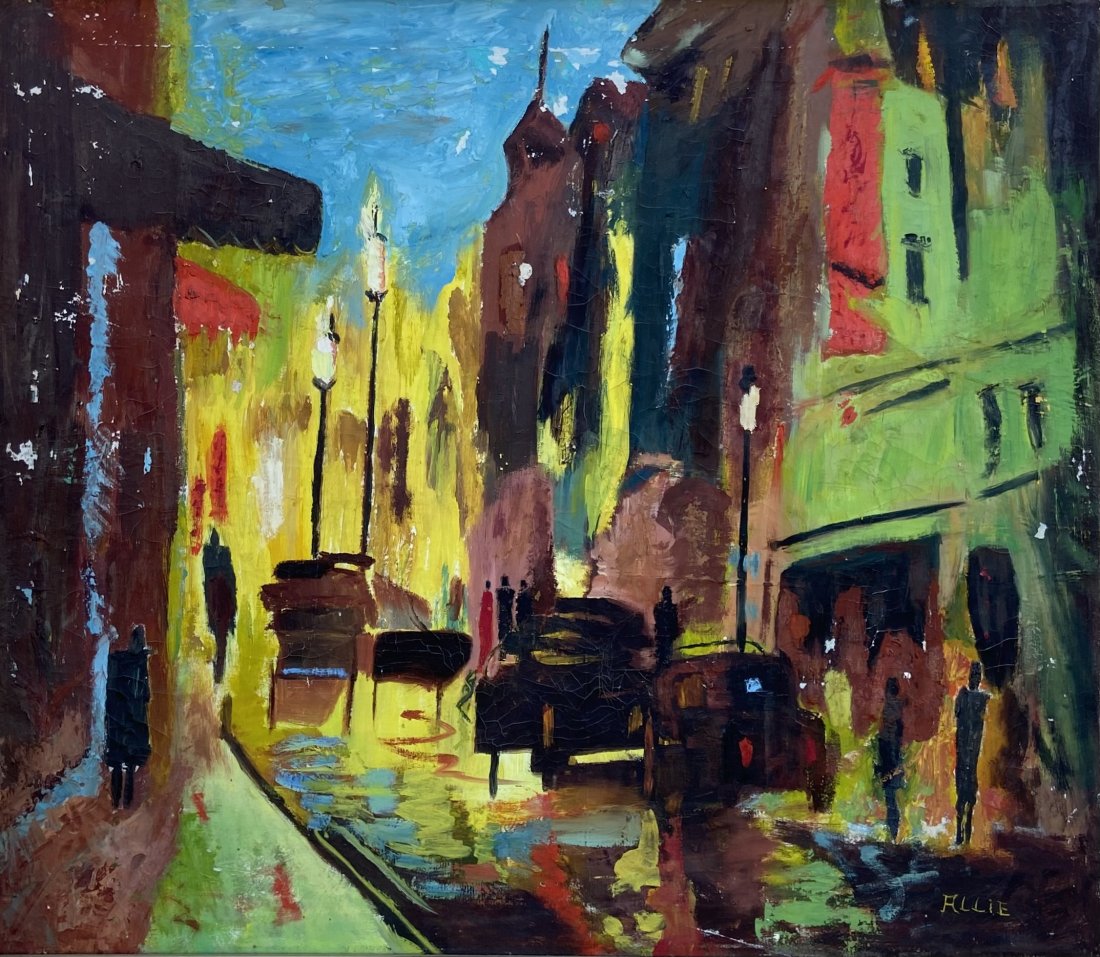 Mid-Century French Modernist Street Scene, Signed Allie: Oil on canvas 30 x 26 in