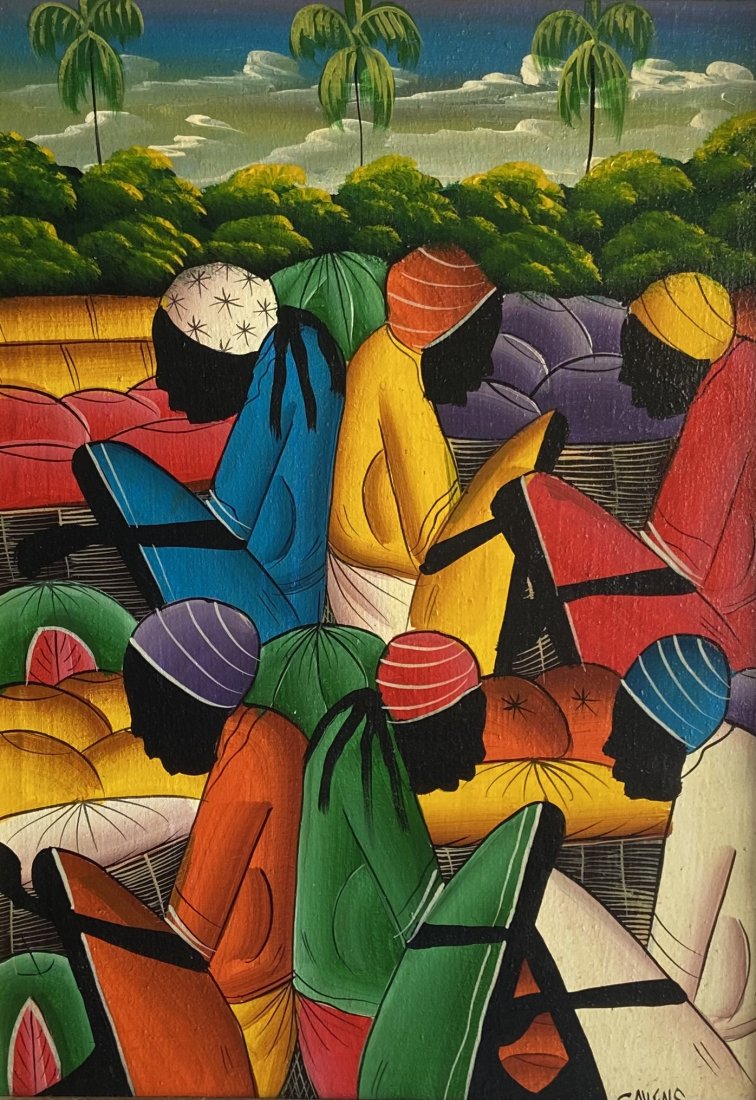 Colorful Haitian Folk Art Paintings Signed Gavens: Oil on canvas 17 x 12 in
