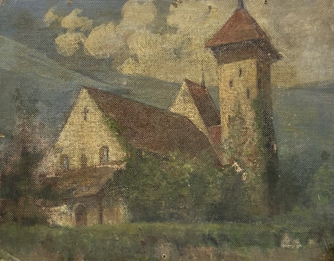 European Impressionist Landscape Of A Church: Oil on board 12 1/2 x 10 in
