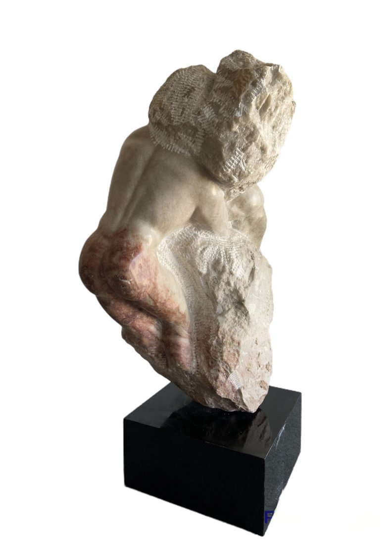 Carved Alabaster Modernist Male Nude Sculpture: Unknown artist. 22 x 8 x 8 in