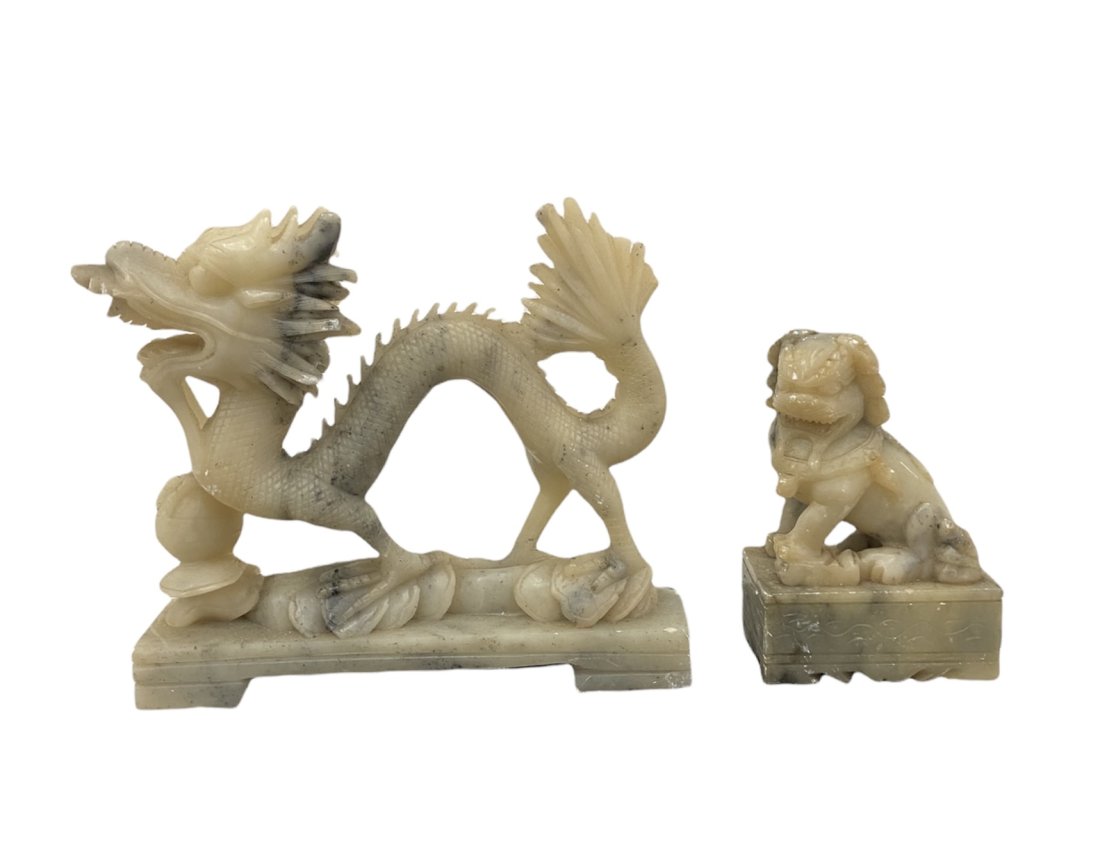 Pair Of Chinese Carved Soapstone Sculptures: 8 x 7 x 2 in, 5 x 3 x 2 in