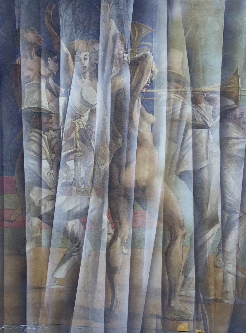 RAYMOND HOWELL (1927-2002, California) Nude Musician: Oil on canvas 45 x 34 in. The following is from askart.com: he following biography, submitted by Peter Dane, is from the artist: The source is http://mail.askart.com/default.aspx"My career began at ag