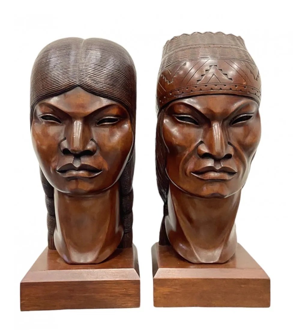Pair Of Carved Native American Wood Busts: Size 16 x 6 1/2 x 6 in