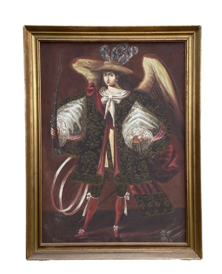 Large Vintage Cuzco School Painting, Signed: Oil on canvas 33 x 24 in, 36 x 28 in (framed)