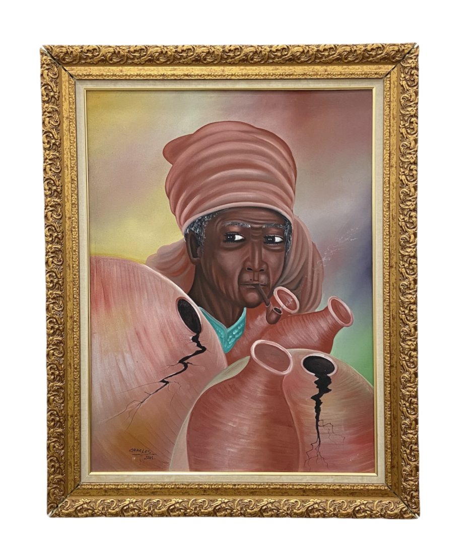 Haitian Modernist Figure Smoking A Pipe, Signed: Oil on canvas 30 x 40 in