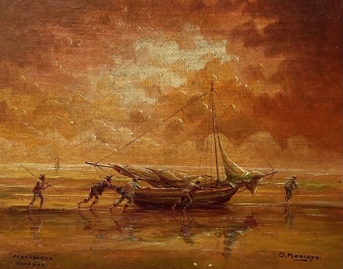 OSWALDO MONCAYO (1923-1984, Ecuador) Marine Scene: Oil on board 4 x 3 in