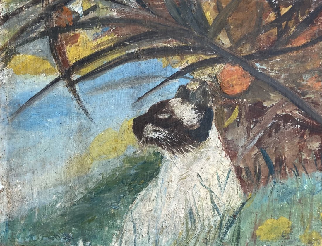 Mid-Century Painting Cat In Landscape: Oil on board 16 x 12 1/2 in