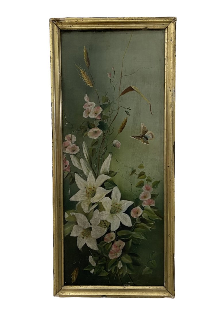 19th Century Floral Painting With Butterflies: Original frame. 26 x 12 in