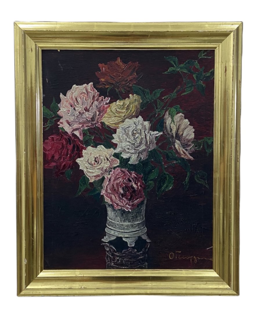 OMIROS GEORGIADIS (1912-1976, Greece) Roses: Oil on canvas, 17 3/4 x 14 in. (canvas). 21 1/4 x 17 1/2 in. (framed).