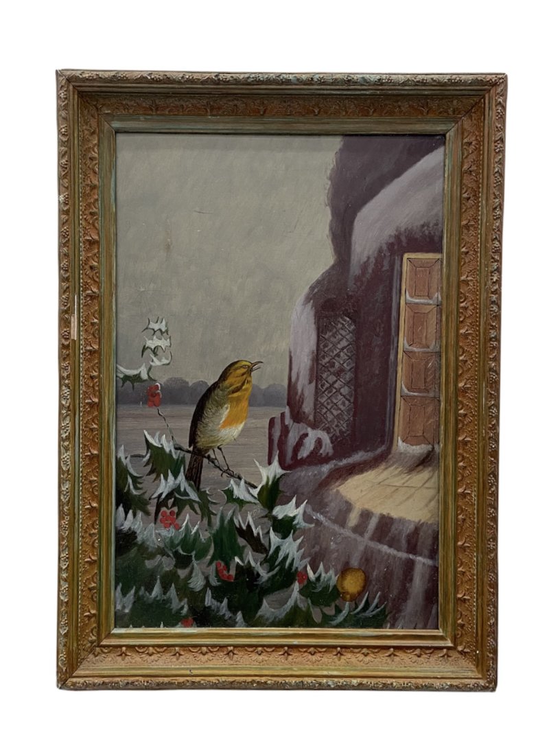 Antique Painting Of Sparrow On Holly, Period Frame: Oil on board 21 x 15 in (framed)