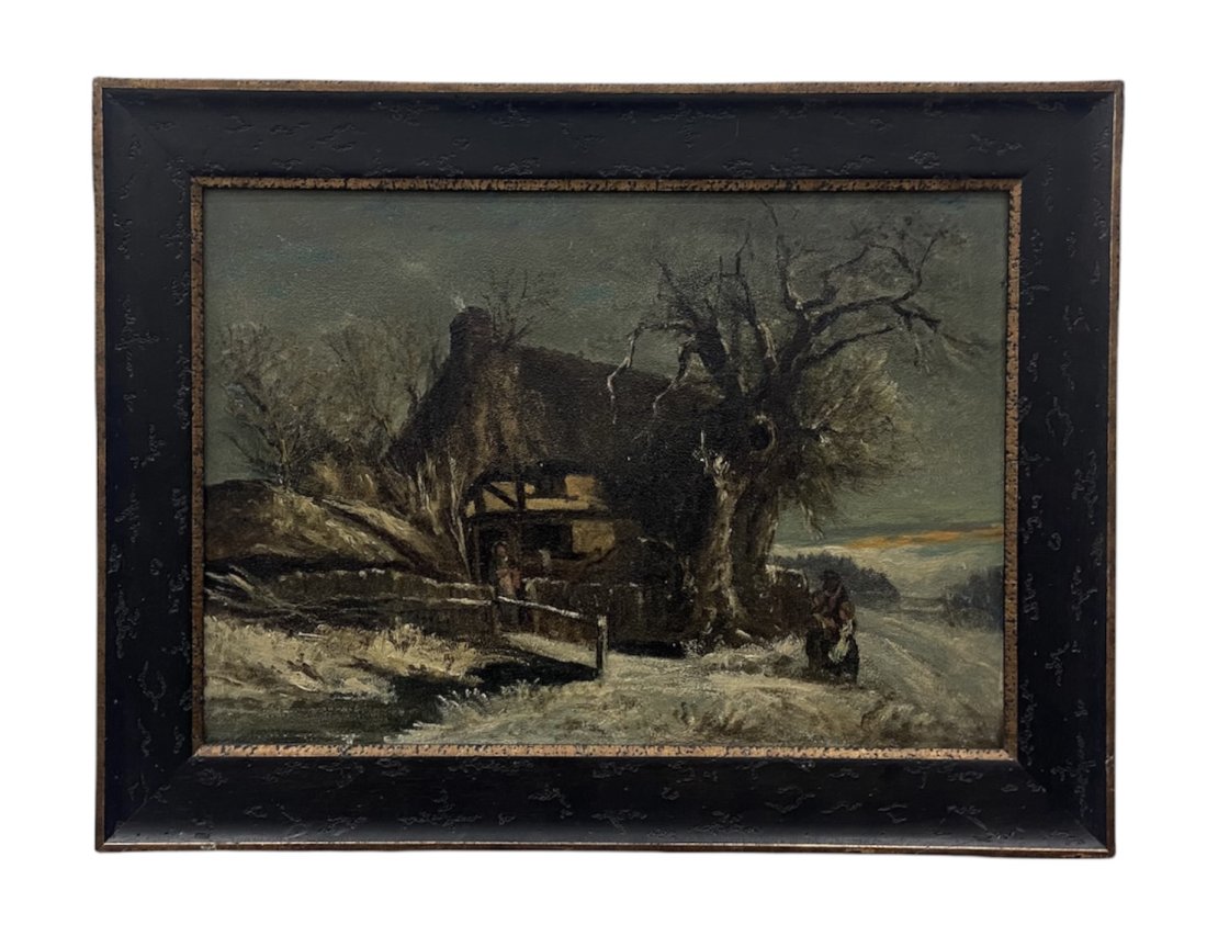 Antique European Impressionist Winter Landscape: Oil on academy board 20 x 14 in, 24 1/2 x 18 1/4 in (framed)