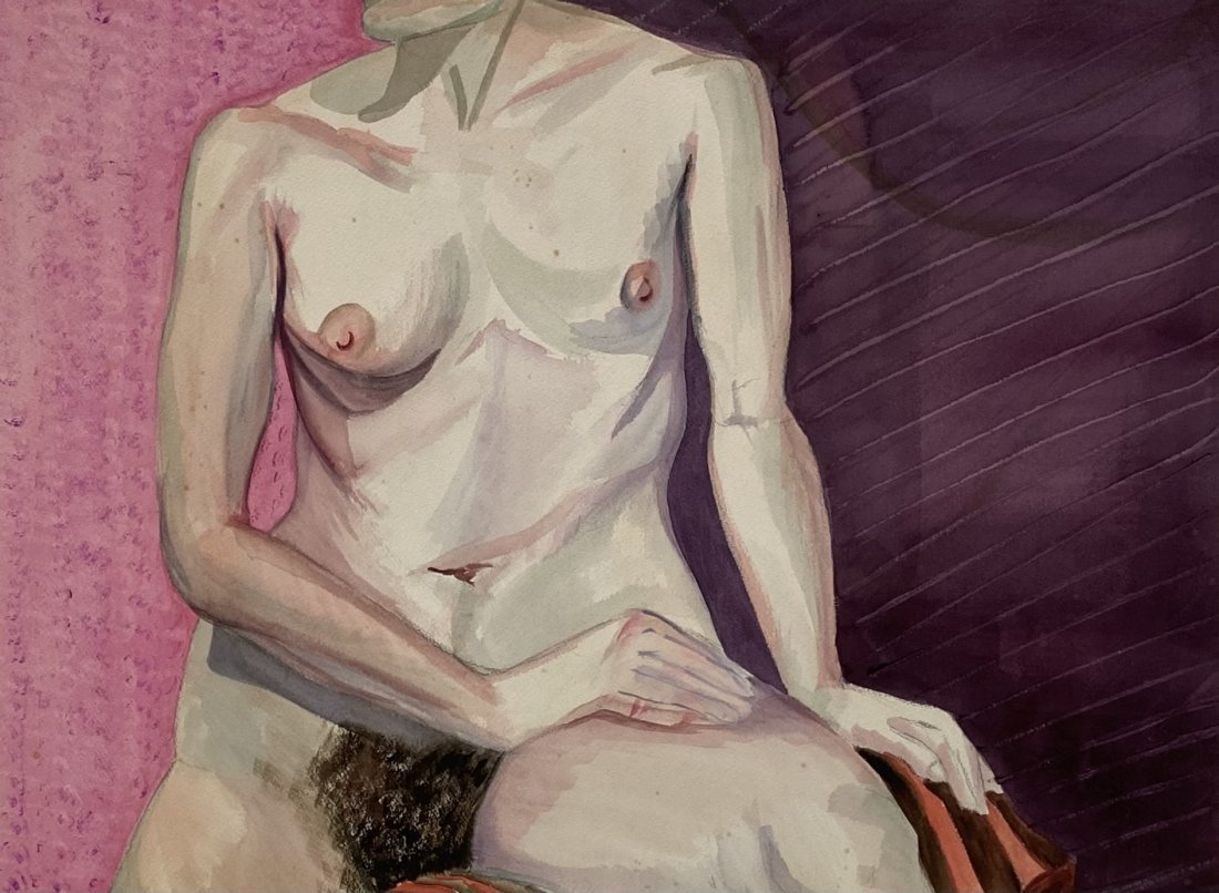 1980's Modernist Nude Watercolor, Signed: 24 x 18 in
