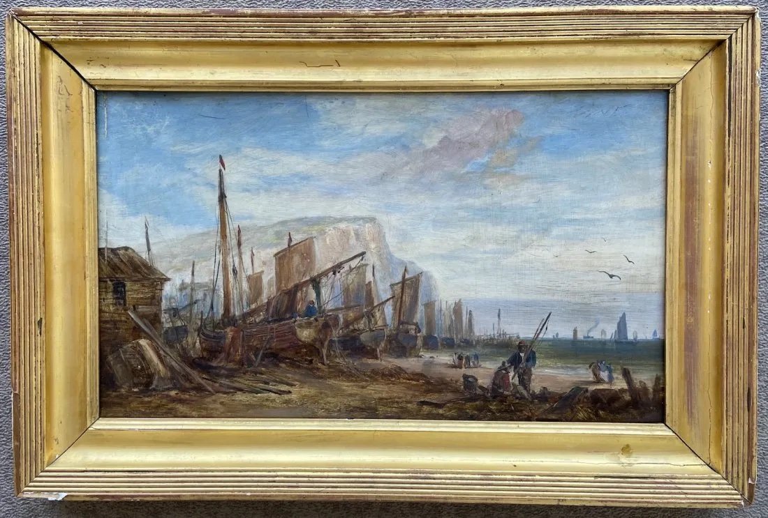 GEORGE CHAMBERS (1859-1942, UK) Shipyard: Impressionist. Oil on board 15 1/2 x 22 1/2 in (framed). Shipped from our Margate City, NJ gallery
