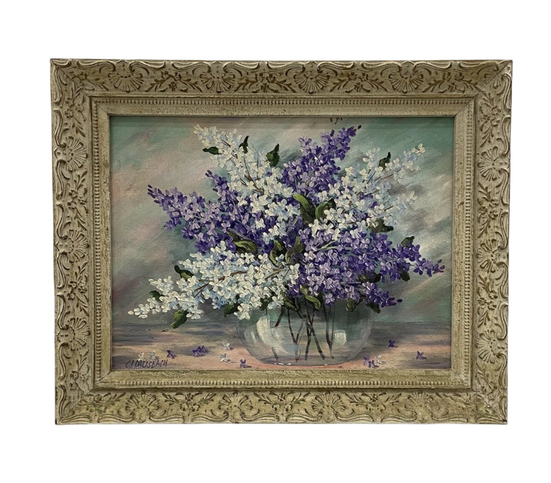 CLARENCE IRA DREISBACH (1903-2003 Pennsylvania) Flowers: Oil on board 12 x 16 in, 16 x 20 in (framed)