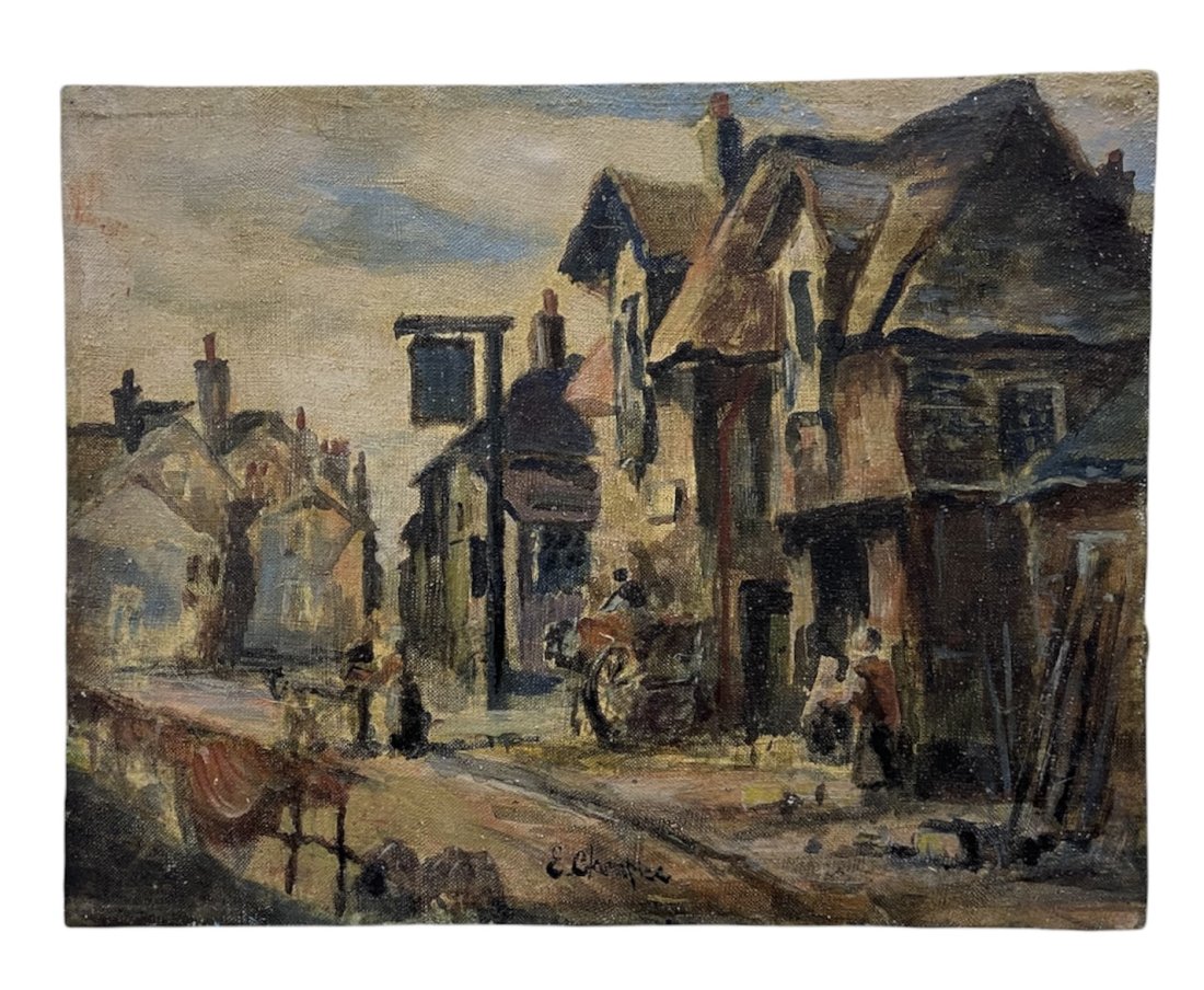 Early French Modernist Street Scene, Signed: Looks like E. Clampier. Oil on canvas 13 1/2 x 10 1/2 in
