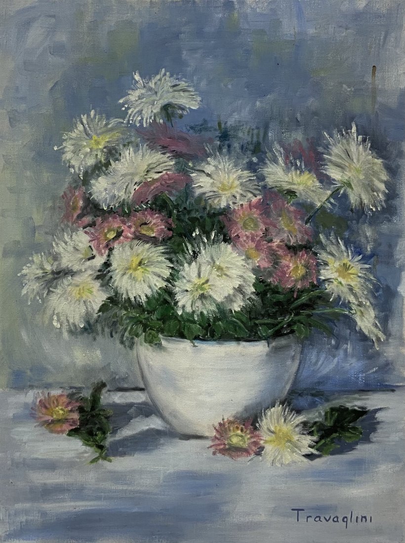 Impressionist Still Life Of Flowers Signed Travaglini: Oil on canvas 24 x 18 in