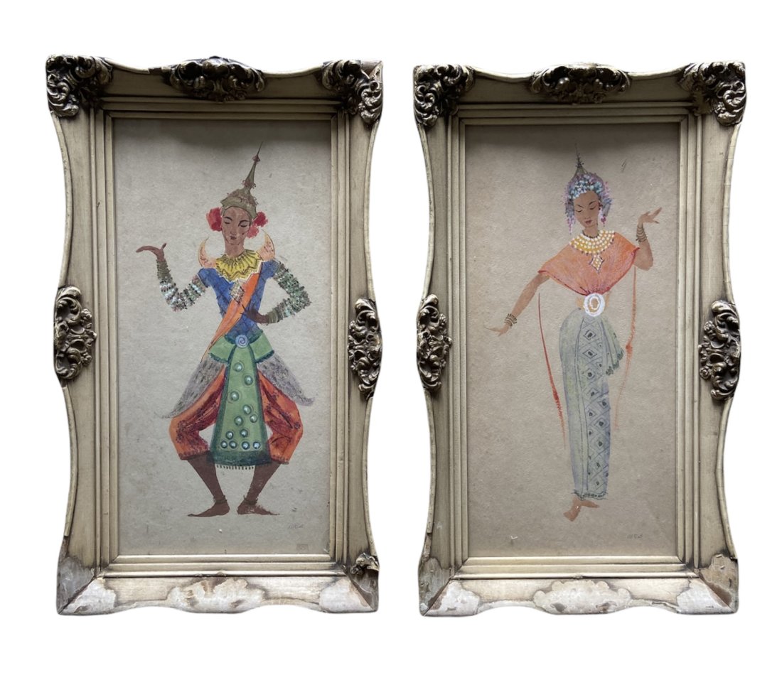 Vintage Tibetan Figural Watercolors: 19 x 11 in framed