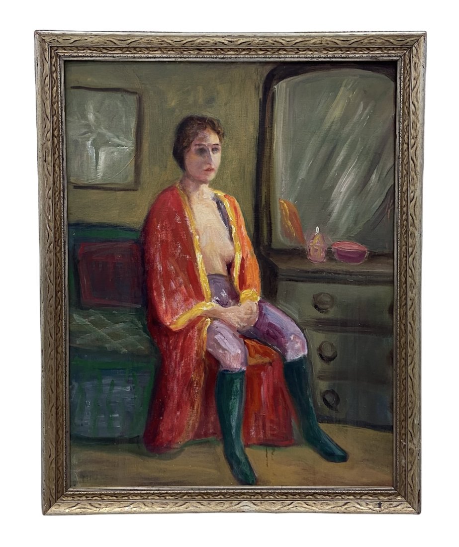 Mid-Century Portrait Of A Seated Woman, Signed: Oil on board 24 x 30 in