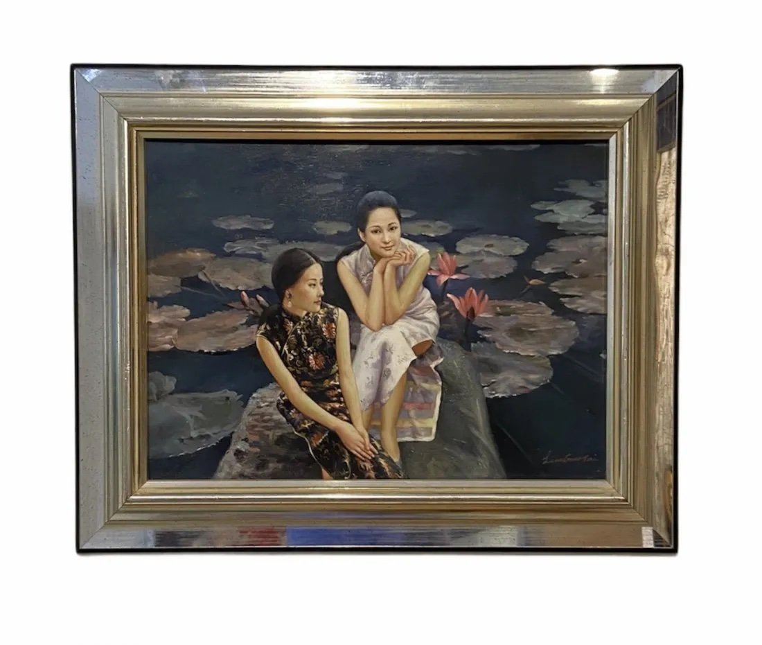 LIU GOUTAI (b. 1978, China) Women At Lake: Oil on board 12 x 16 in, 16 1/2 x 20 1/2 in