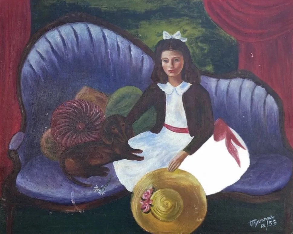 1950's Spanish Portrait Of A Girl And Her Dog, Signed: Oil on board 20 x 16 in
