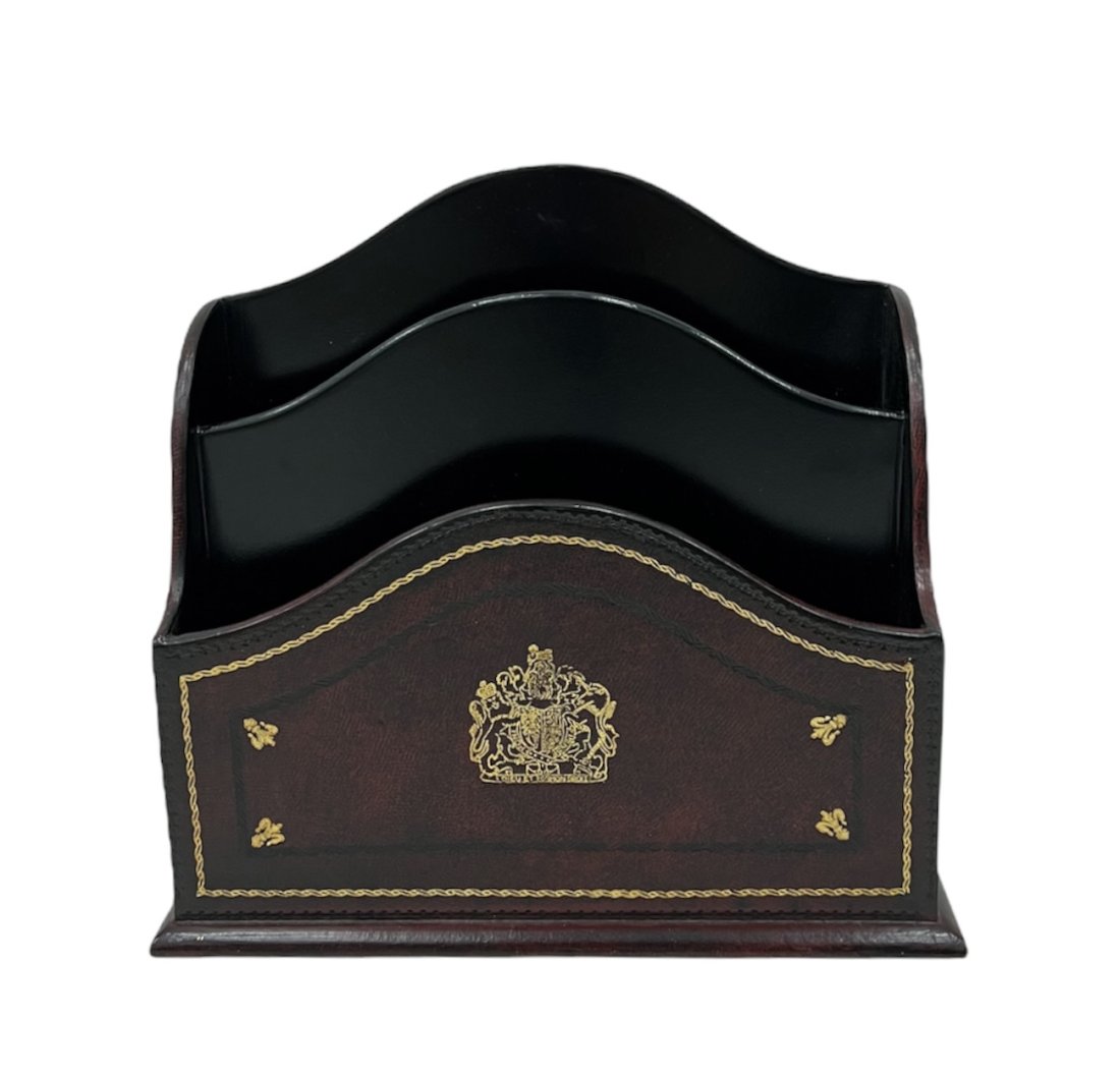 Maitland-Smith Leather Letter Holder: 10 x 4 x 8 in
