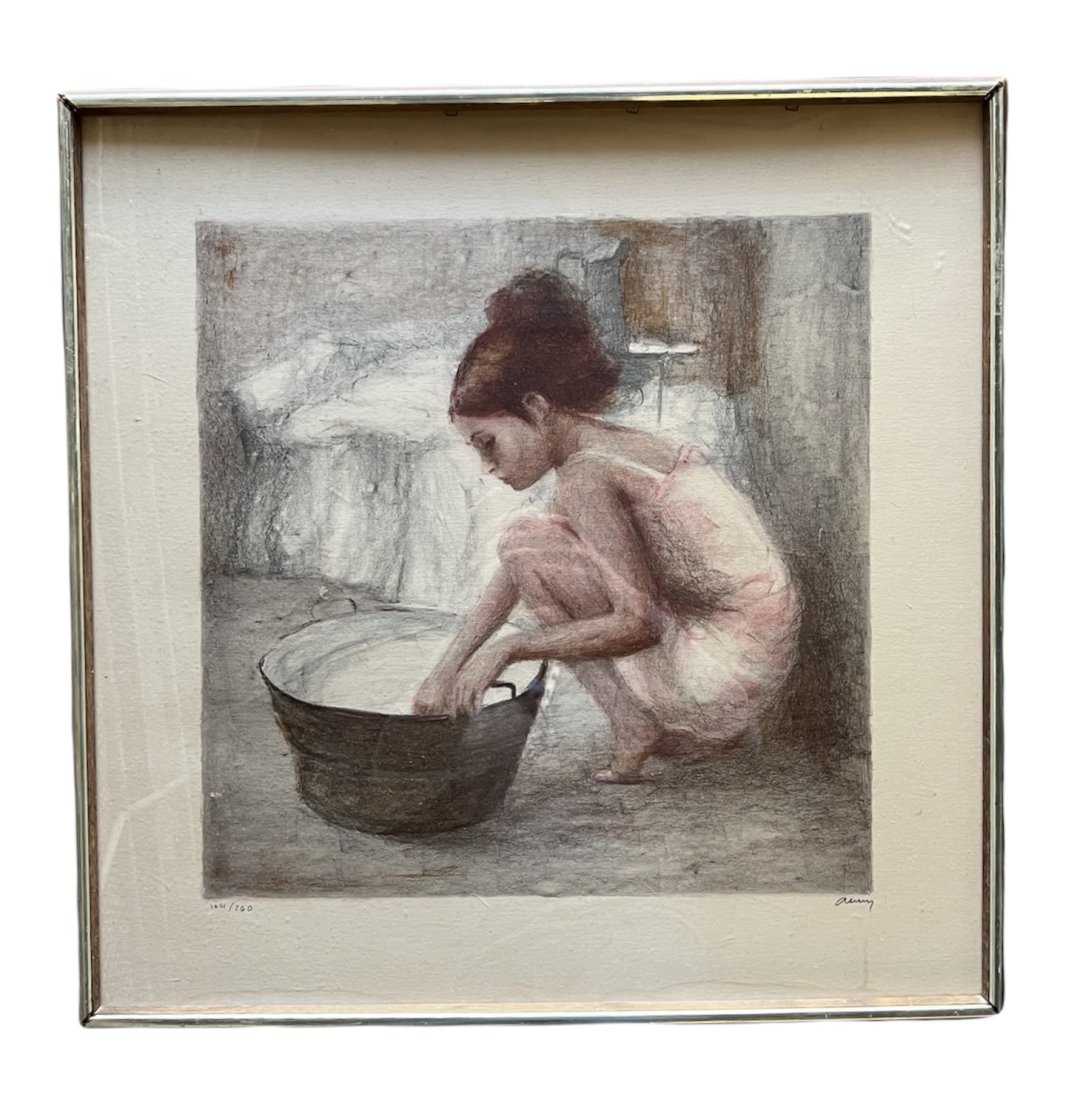 Vintage Etching Of Girl & Water Bucket, Signed: 23 x 23 in framed