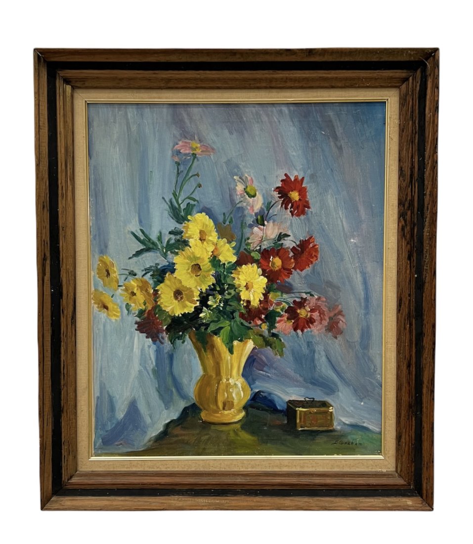 Vintage Floral Still Life Painting, Signed Graham: Oil on canvas 24 x 20 in, 29 x 25 in (framed)
