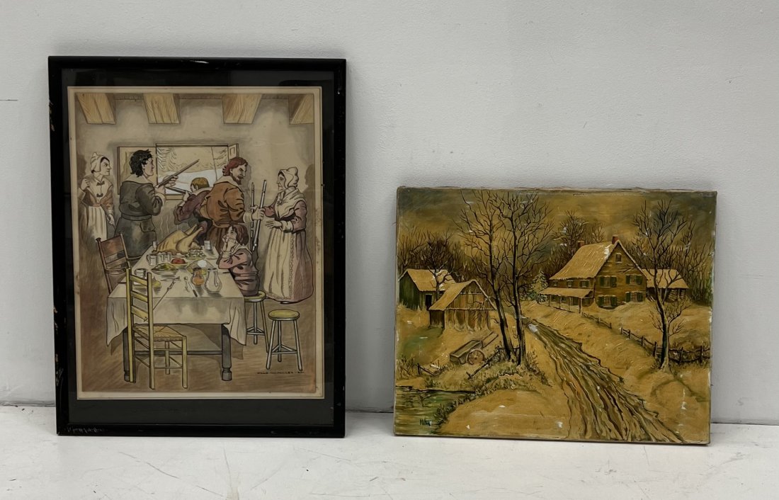 CHARLES MILLER, Pair Of Paintings: Watercolor and oil painting. 24 x 19 in (framed WC), 20 x 16 in (oil)