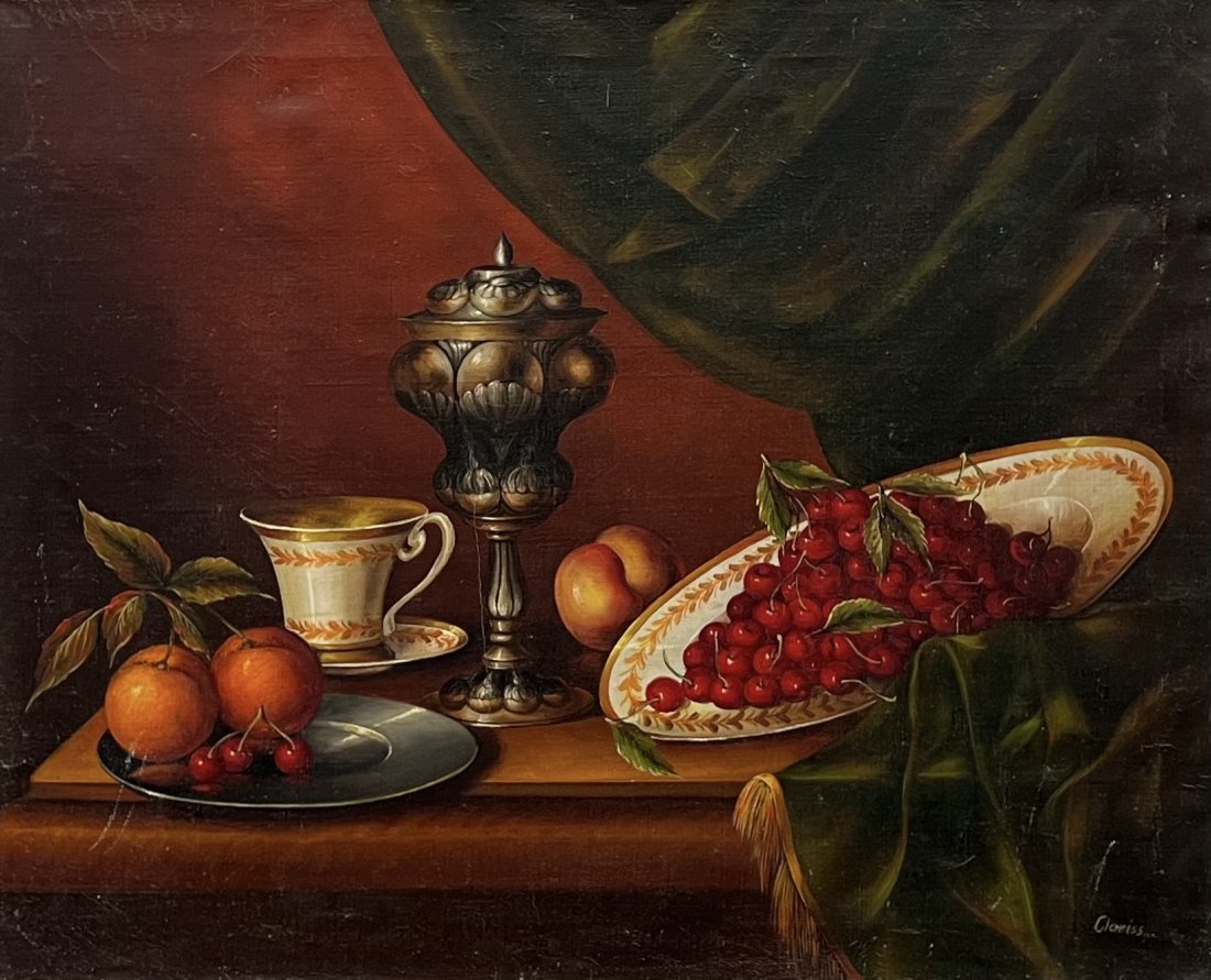 Vintage Still Life Painting, Signed Clariss: Oil on canvas 29 1/2 x 23 1/2 in