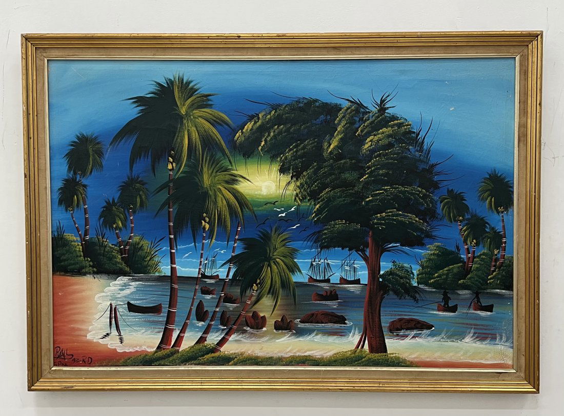 Large Haitian Folk Art Beach Painting, Signed (1 of 3)