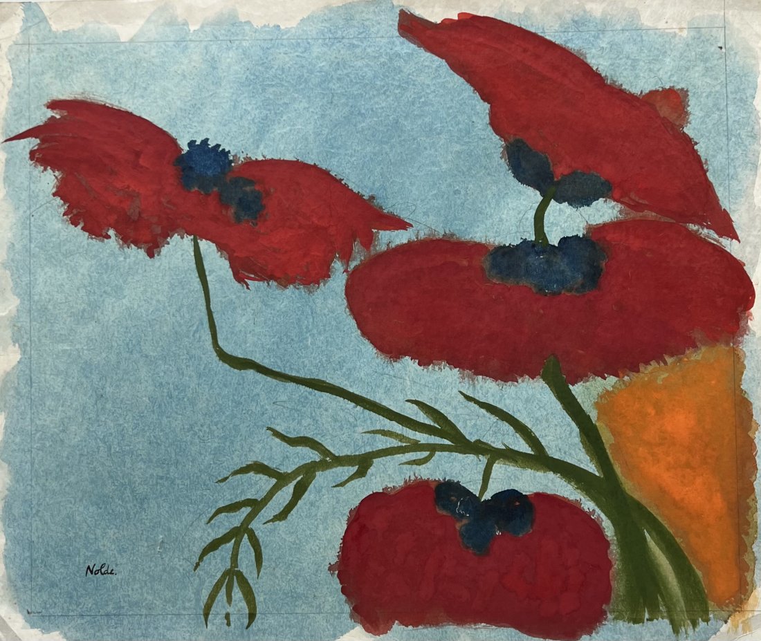 Expressionist Watercolor Of A Flower After Emil Nolde: 24 3/4 x 21 in. These watercolors came out of a gallery storage unit in NYC. We sold some nice works out of the unit. The name of the gallery was D. Manger & Sons. We could find no information on them