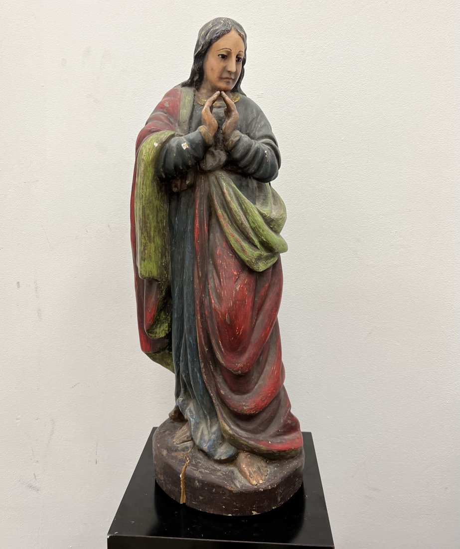 Large Antique Mexican Santos Sculpture: Wood 26 x 8 in