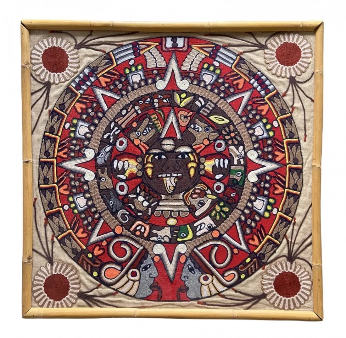 Modern Hand Wooven Colorful Mayan Tapestry: 35 x 34 in (framed)