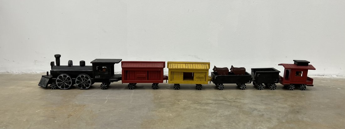 Vintage Hand Painted Wooden Train w/ Cows, Folk Art: Each part separates 56 x 5 1/2 x 6 in total length