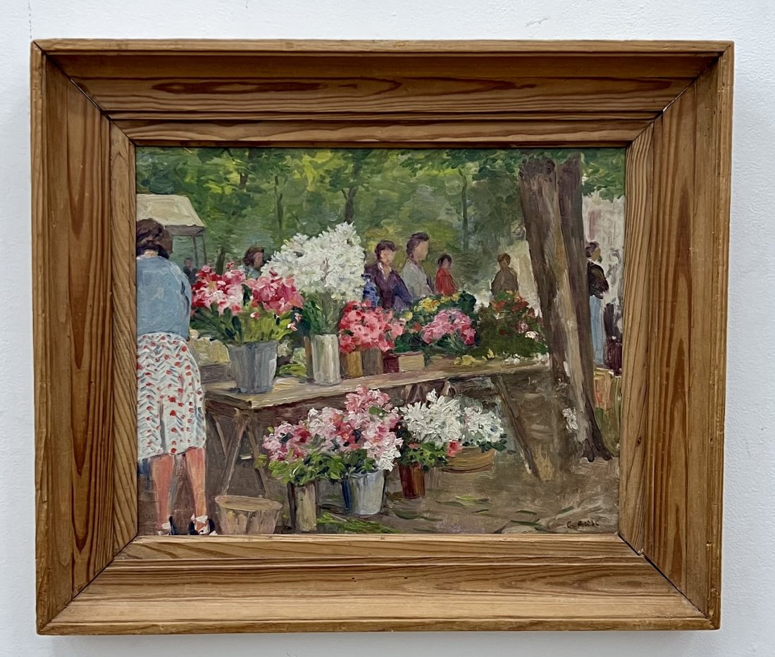 French Impressionist Flower Market, Illegible Signature: Oil on board 16 x 13 in, 22 x 19 in (framed)