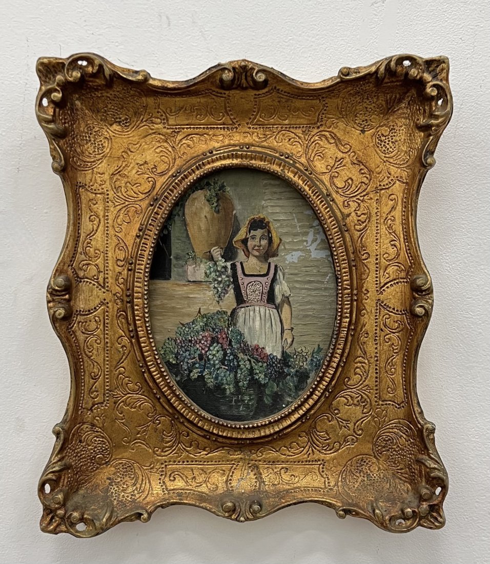Latin American Realism, Woman Sorting Grapes: Oil on cardboard 16 x 13 in framed