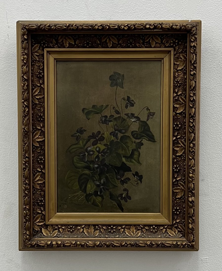 Antique American Painting Of Flowers, Signed: oil on canvas 10 x 7 in, 14 1/2 x 11 1/2 in framed