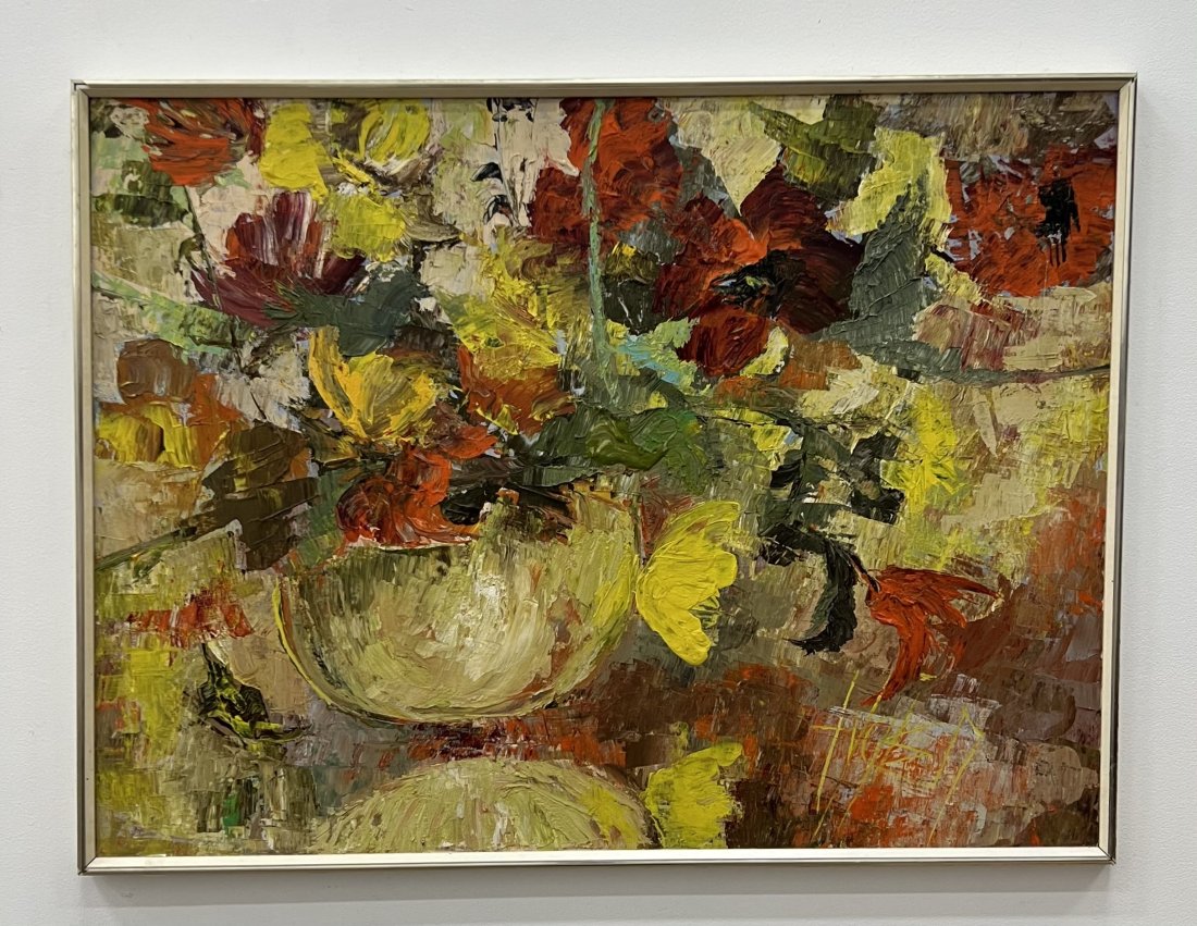Modernist Floral Abstract, Illegible Signature: Oil on canvas 40 x 30 in