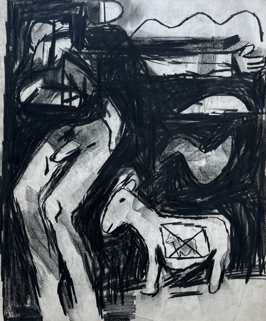 Mid Century Modern Male Nude Abstract: Mixed media on paper 16 x 13 1/2 in
