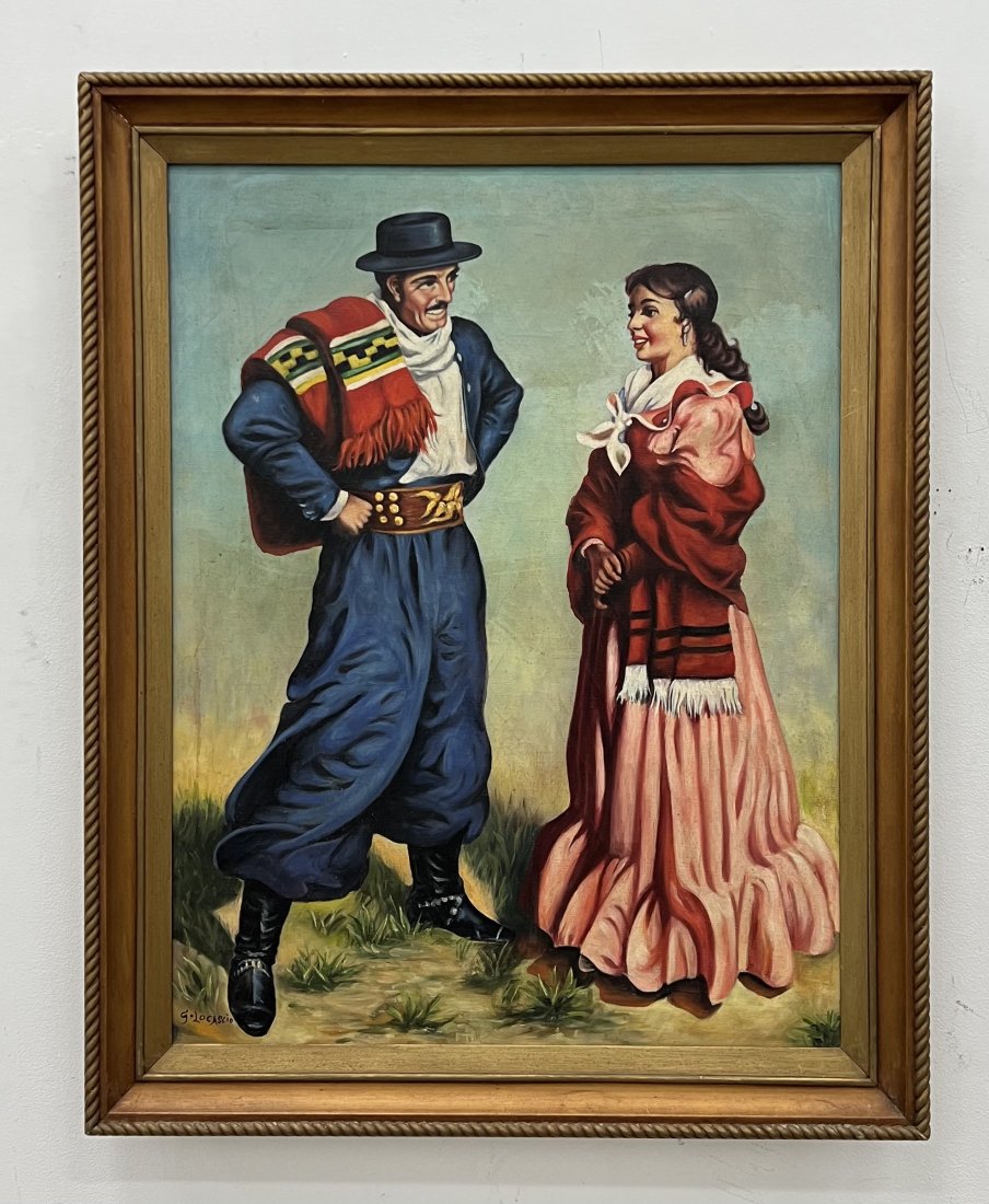 Mexican Realism Painting, Courting Scene, Signed: Oil on canvas 30 x 23 in, 35 x 28 in (framed)