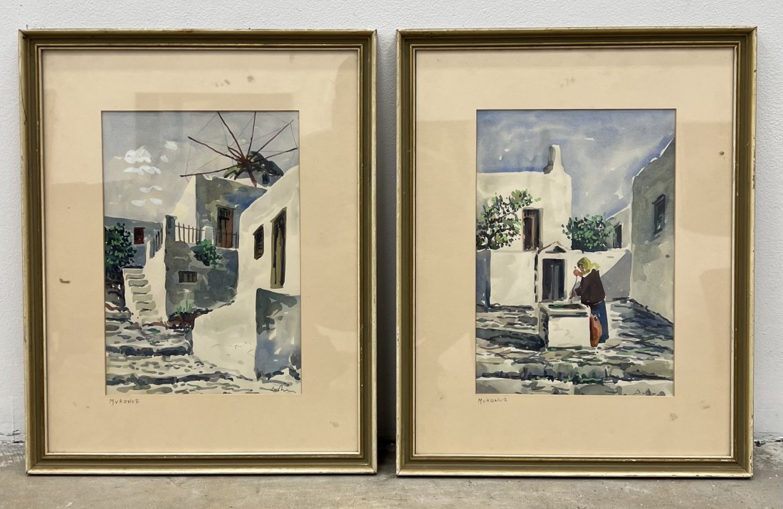 Pair Of Mykonos, Greece Watercolors, Illegible Signature: 12 x 8 in, 19 x 15 in (framed)
