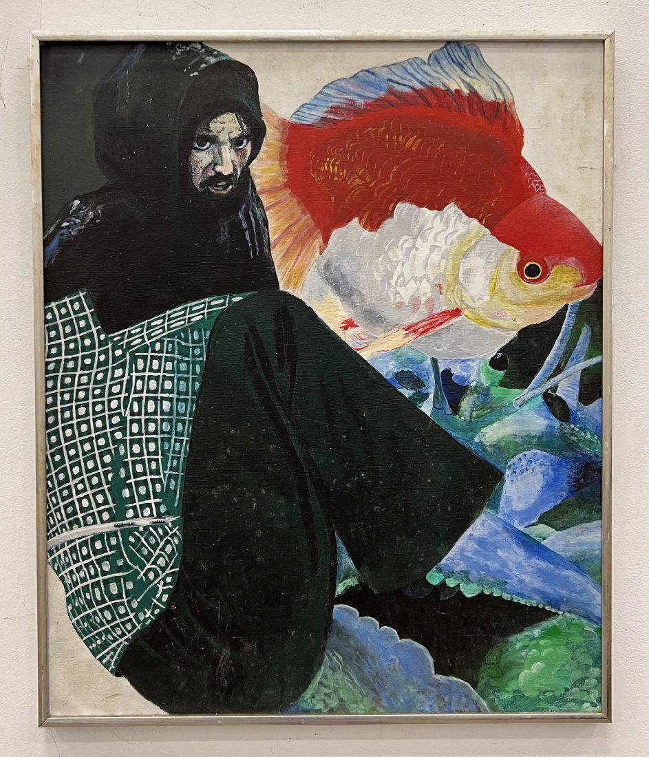Modernist Surrealist Painting Man w/ Fish, Signed (1 of 3)