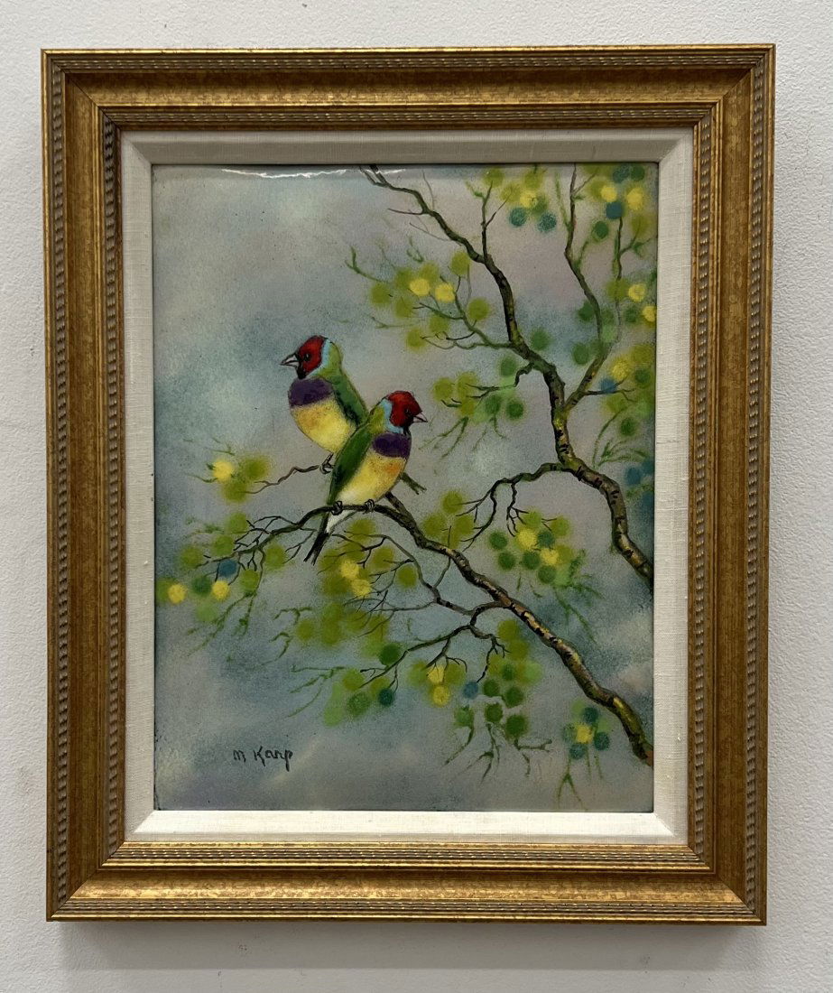 MAX KARP (1916-1999, California) Finches: Birds in a tree. Enamel on copper 36 x 16 in