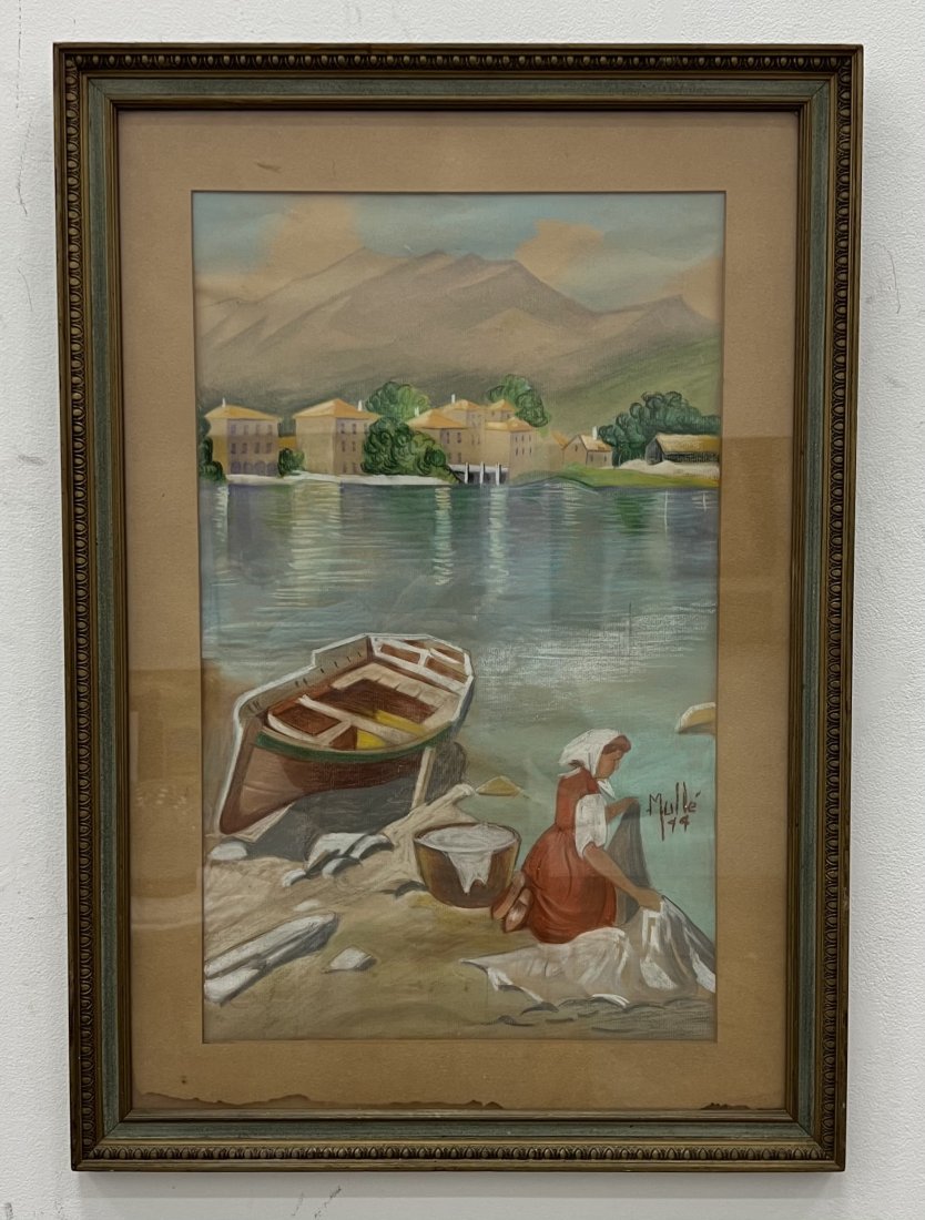 1940's Pastel Italian Lake Scene, Signed: Pastel on paper 28 1/2 x 20 in