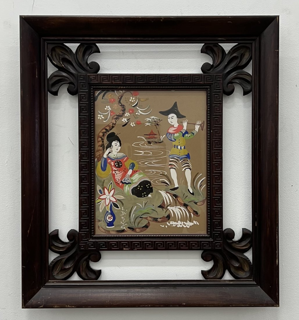 LD KING, Mid-Century Chinoiserie Figurative Gouache: Size 26 1/2 x 23 1/2 in