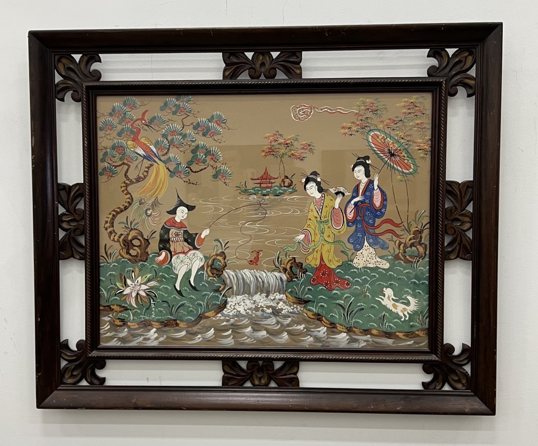 LD KING, Mid-Century Chinoiserie Figurative Gouache: Size 46 x 38 in