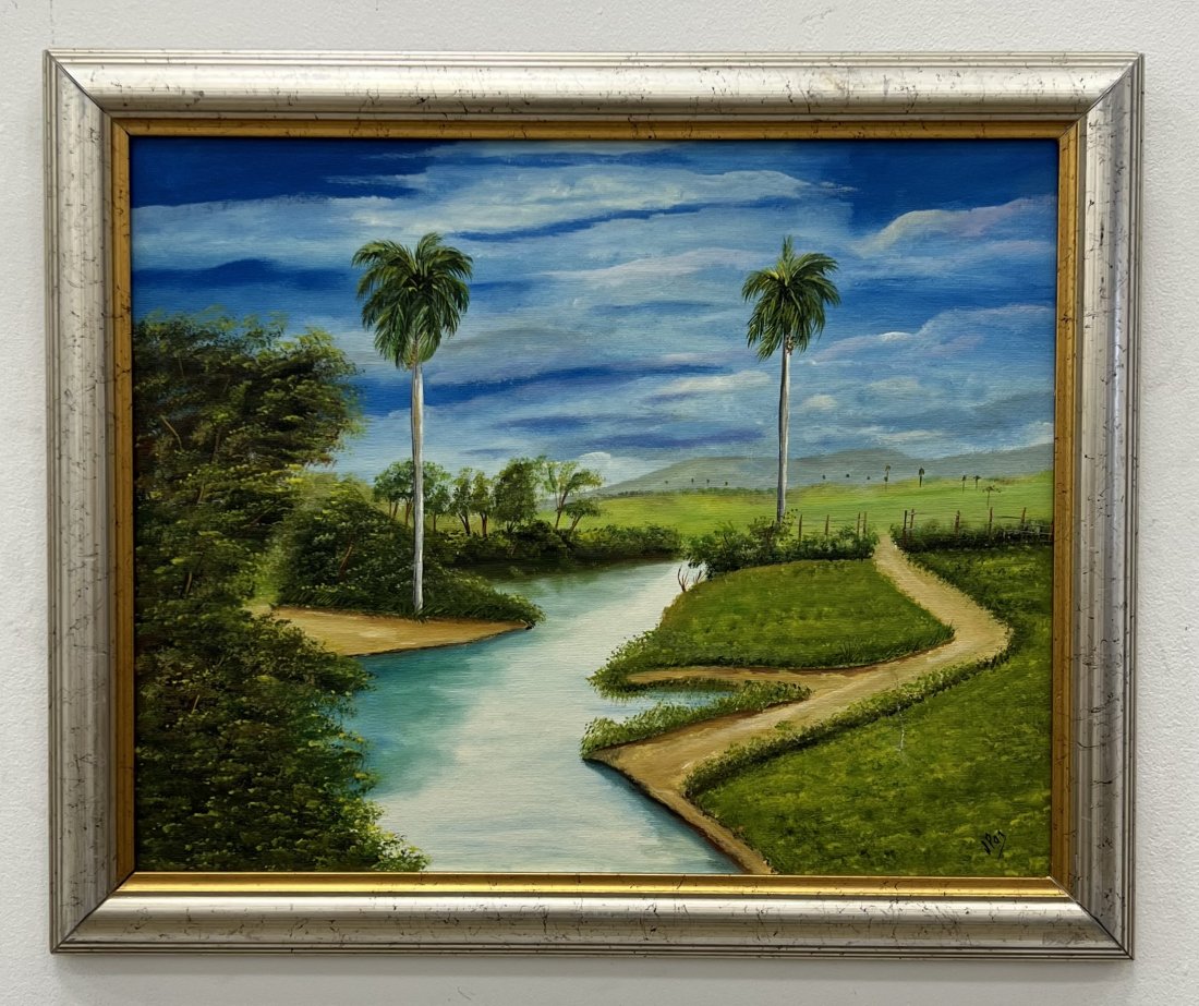 Vintage Cuban River Landscape Painting, Signed: Oil on canvas 20 x 16 in x 23 x 19 in