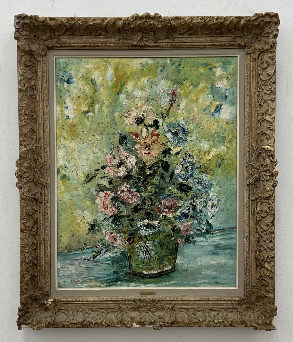 Mid-Century Floral Still Life Of Flowers, Signed: Oil on canvas 28 1/2 x 22 1/2 in, 36 1/2 x 30 1/2 in