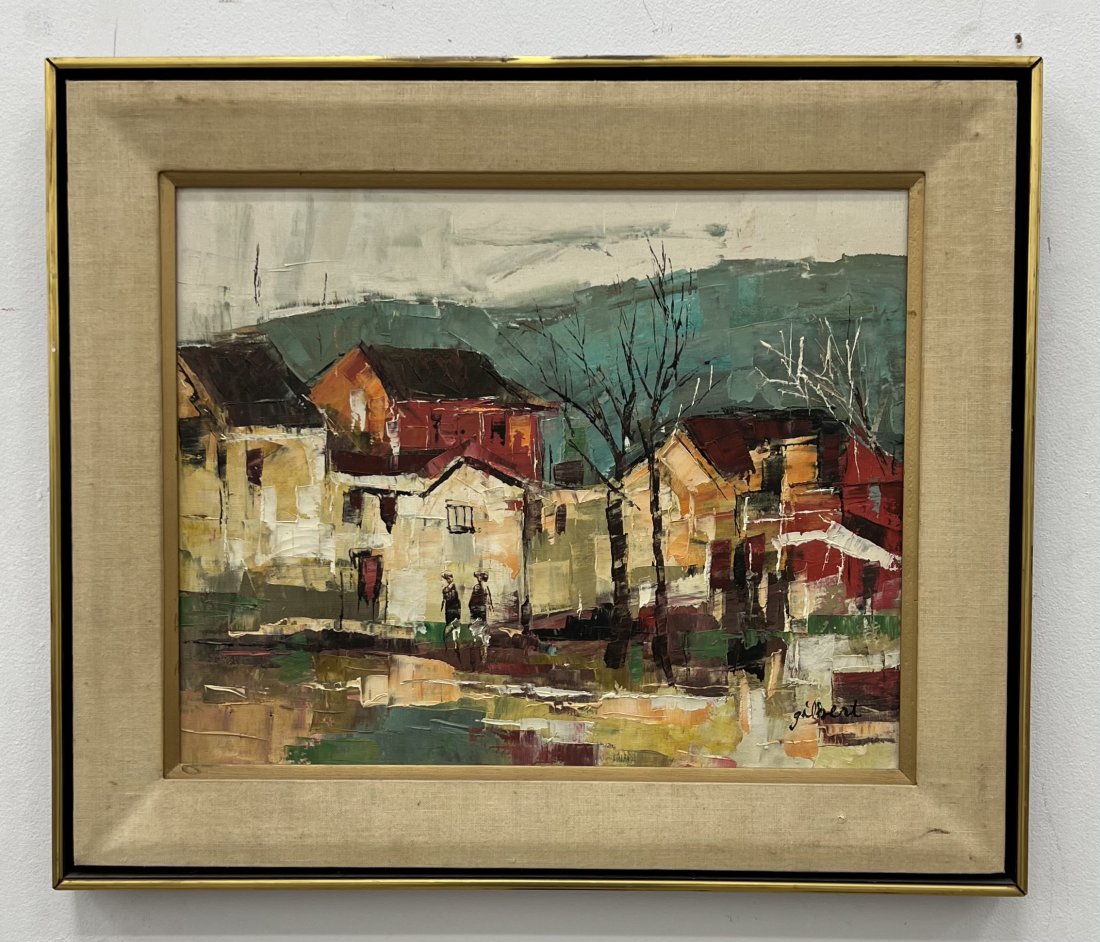 Mid-Century French Modernist City Scene Painting Signed: Oil on canvas 20 x 16 in, 26 x 22 in